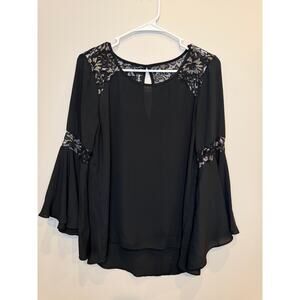 by&by Black Chiffon Bell Sleeve Blouse Metallic Silver Lace Insert Top Size S
